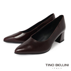 TINO BELLINI 貝里尼 義大利進口真皮尖頭粗跟包鞋FSDV011-A(酒紅)