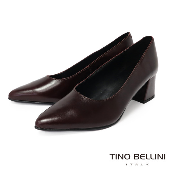 TINO BELLINI 貝里尼 義大利進口真皮尖頭粗跟包鞋FSDV011-A(酒紅)