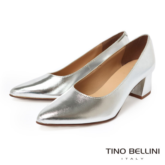TINO BELLINI 貝里尼 義大利進口真皮尖頭粗跟包鞋FSDV011-D(銀色)