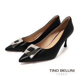 TINO BELLINI 貝里尼 進口羊皮尖頭金屬飾釦細跟高跟鞋FSET011-1(黑色)