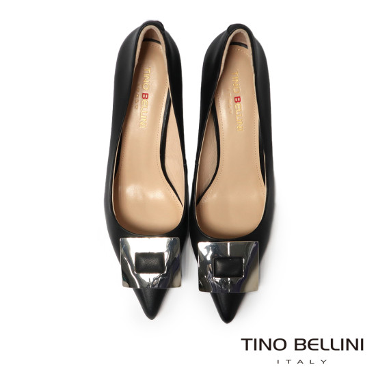 TINO BELLINI 貝里尼 進口羊皮尖頭金屬飾釦細跟高跟鞋FSET011-1(黑色)