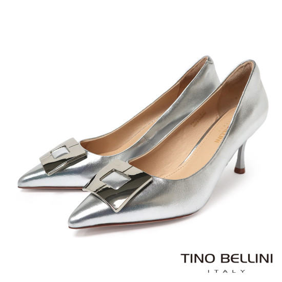 TINO BELLINI 貝里尼 進口羊皮尖頭金屬飾釦細跟高跟鞋FSET011-D(銀色)