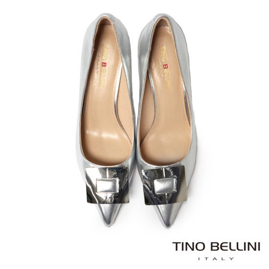 TINO BELLINI 貝里尼 進口羊皮尖頭金屬飾釦細跟高跟鞋FSET011-D(銀色)