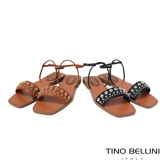  TINO BELLINI 貝里尼 巴西進口波希米亞風鉚釘造型一字帶平底涼鞋FSJT022-1(黑色)