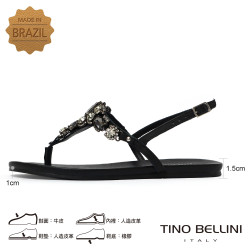  TINO BELLINI 貝里尼 巴西進口波希米亞風寶石T字平底夾腳涼拖鞋FSJV010-1(黑色)