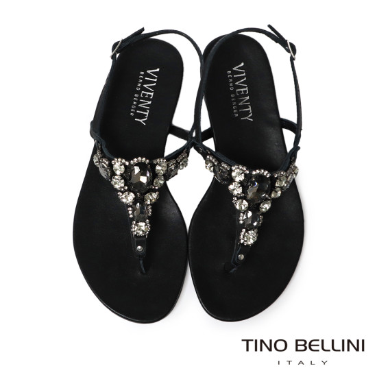  TINO BELLINI 貝里尼 巴西進口波希米亞風寶石T字平底夾腳涼拖鞋FSJV010-1(黑色)