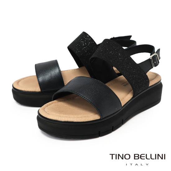 TINO BELLINI 貝里尼 經典進口真皮一字露趾亮粉寛版厚底涼鞋FSNT025-1(黑色)