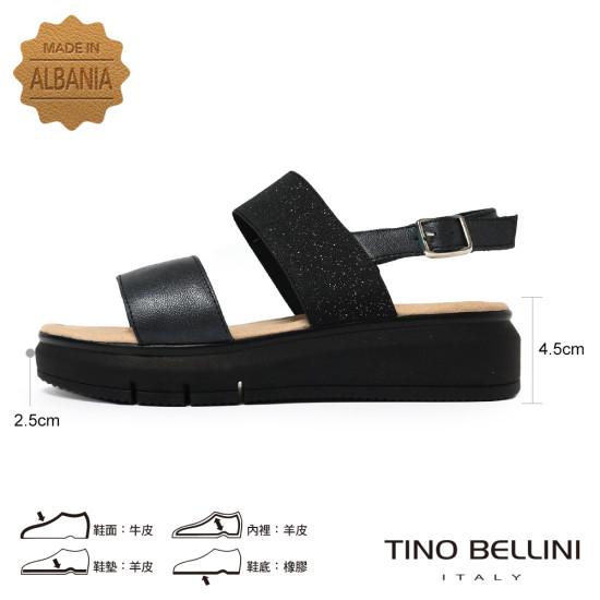 TINO BELLINI 貝里尼 經典進口真皮一字露趾亮粉寛版厚底涼鞋FSNT025-1(黑色)