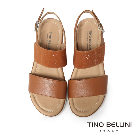 TINO BELLINI 貝里尼 經典進口真皮一字露趾亮粉寛版厚底涼鞋FSNT025-9(咖啡色)
