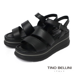 TINO BELLINI 貝里尼 時尚簡約進口真皮寛版魔鬼氈厚底涼鞋FSOT027-1(黑色)