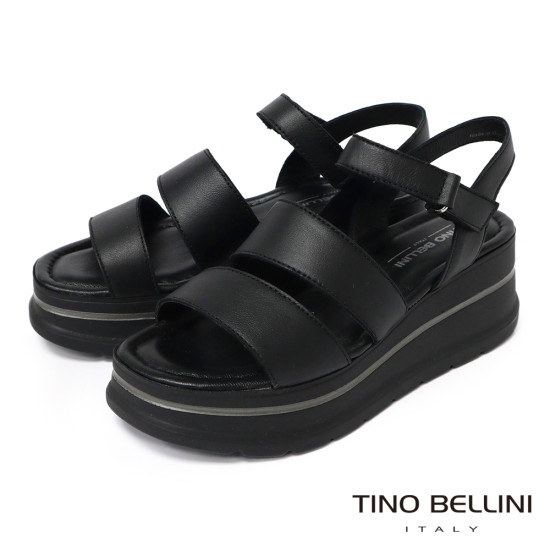 TINO BELLINI 貝里尼 時尚簡約進口真皮寛版魔鬼氈厚底涼鞋FSOT027-1(黑色)