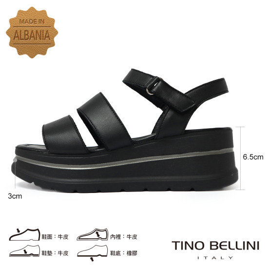 TINO BELLINI 貝里尼 時尚簡約進口真皮寛版魔鬼氈厚底涼鞋FSOT027-1(黑色)