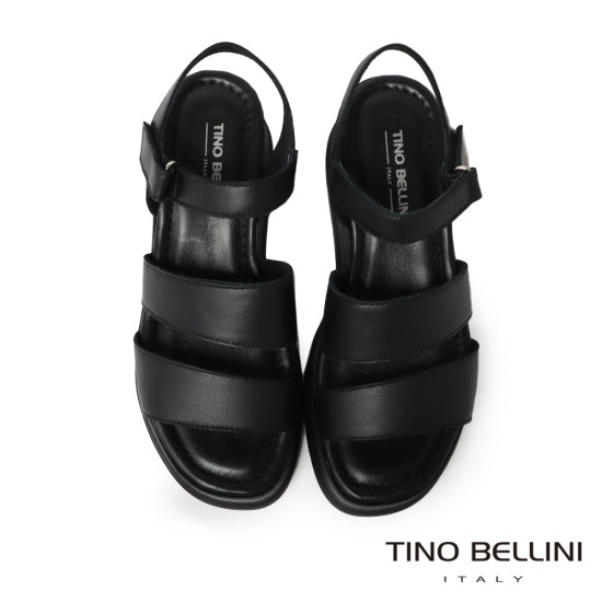 TINO BELLINI 貝里尼 時尚簡約進口真皮寛版魔鬼氈厚底涼鞋FSOT027-1(黑色)