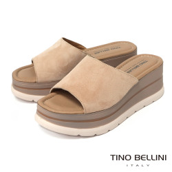 TINO BELLINI 貝里尼 進口真皮簡約一字寬帶厚底涼拖鞋FSVT010-3(米色)