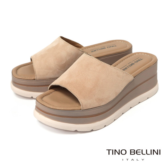 TINO BELLINI 貝里尼 進口真皮簡約一字寬帶厚底涼拖鞋FSVT010-3(米色)