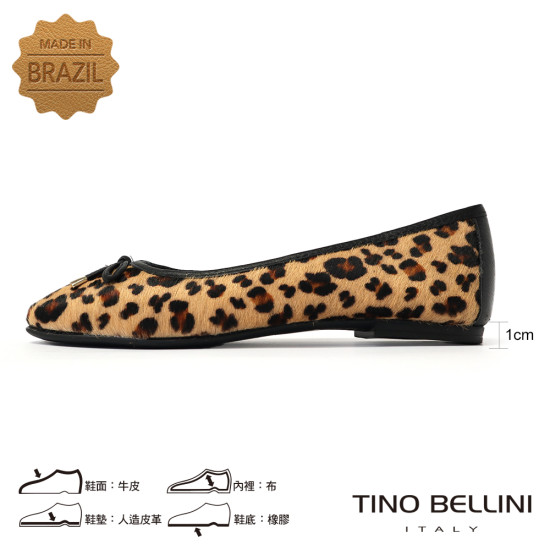 TINO BELLINI 貝里尼 巴西進口 微短馬毛質豹紋真皮平底娃娃鞋FWBV039A-9(豹紋色)