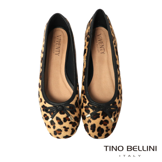 TINO BELLINI 貝里尼 巴西進口 微短馬毛質豹紋真皮平底娃娃鞋FWBV039A-9(豹紋色)