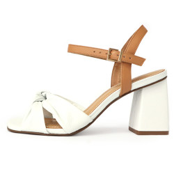 雙色牛皮扭結繫踝粗跟涼鞋FSMT0018-0